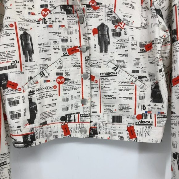 Miaou White Red Newsprint Denim cropped Jacket button front Lottery Ticket Multi - Picture 13 of 16